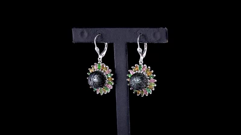 Tahitian Cultured Pearl Carved and Multi-Tourmaline Black Eyed Susan Floral Earrings in Rhodium Over Sterling Silver 3.60 ctw