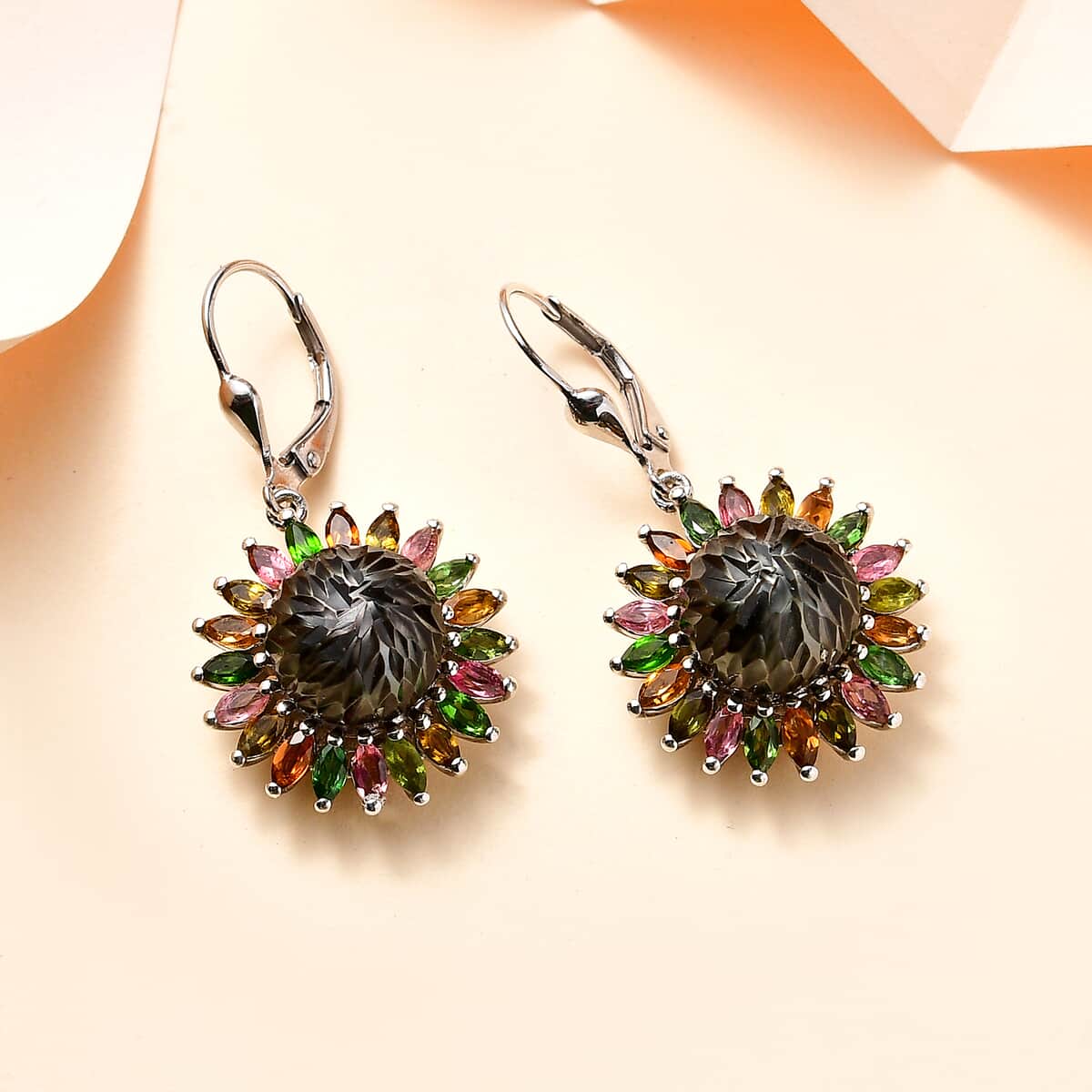 Tahitian Cultured Pearl Carved and Multi-Tourmaline Black Eyed Susan Floral Earrings in Rhodium Over Sterling Silver 3.60 ctw image number 1