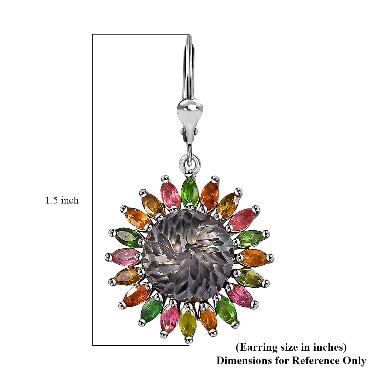 Tahitian Cultured Pearl Carved and Multi-Tourmaline Black Eyed Susan Floral Earrings in Rhodium Over Sterling Silver 3.60 ctw