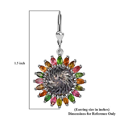 Tahitian Cultured Pearl Carved and Multi-Tourmaline Black Eyed Susan Floral Earrings in Rhodium Over Sterling Silver 3.60 ctw