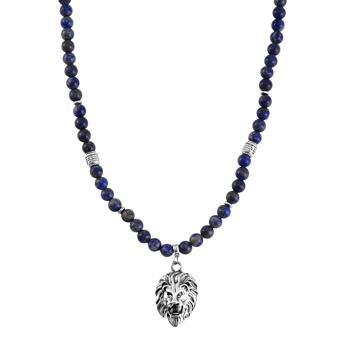 Lapis Lazuli Beaded Men's Necklace 24 Inches with Lion Charm in Stainless Steel 345.00 ctw image number 0