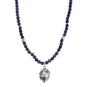 Lapis Lazuli Beaded Men's Necklace 24 Inches with Lion Charm in Stainless Steel 345.00 ctw