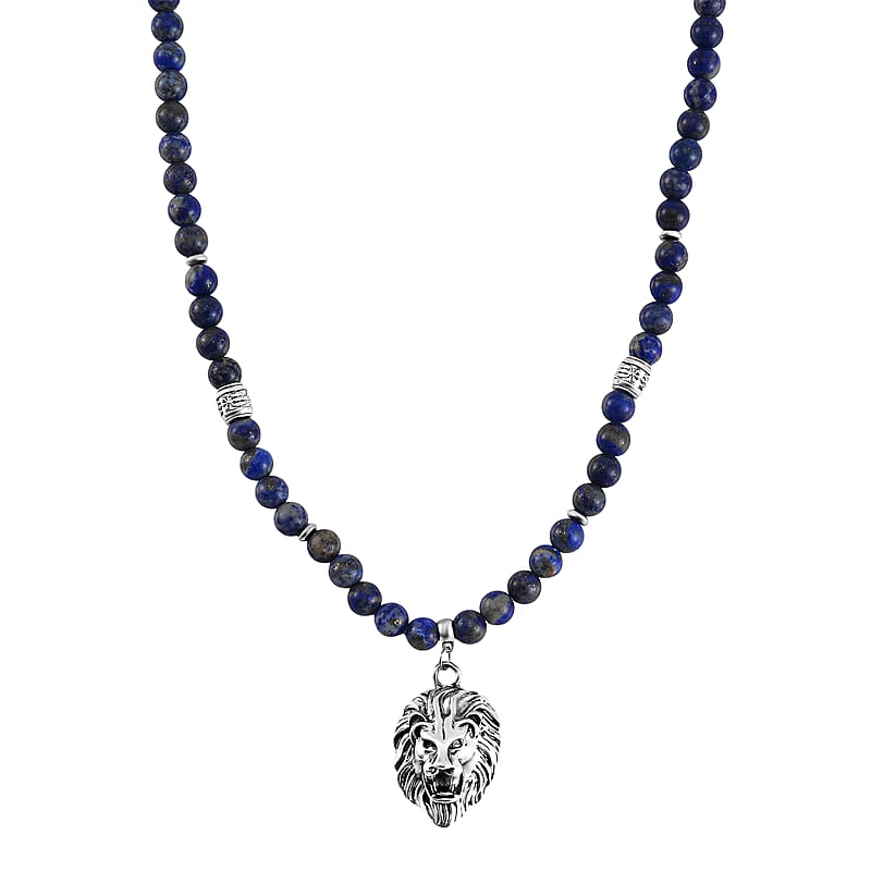 Lapis Lazuli Beaded Men's Necklace 24 Inches with Lion Charm in Stainless Steel 345.00 ctw