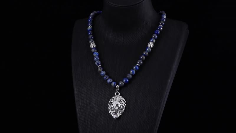 Lapis Lazuli Beaded Men's Necklace 24 Inches with Lion Charm in Stainless Steel 345.00 ctw