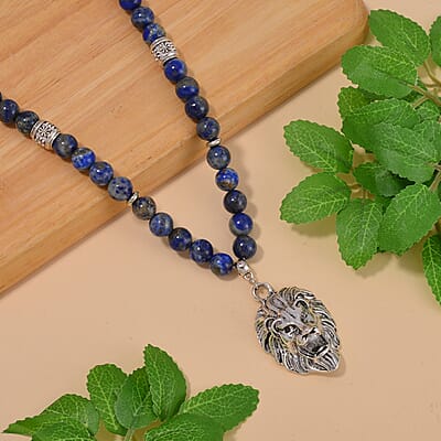 Lapis Lazuli Beaded Men's Necklace 24 Inches with Lion Charm in Stainless Steel 345.00 ctw