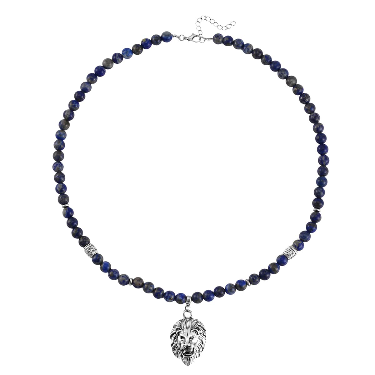 Lapis Lazuli Beaded Men's Necklace 24 Inches with Lion Charm in Stainless Steel 345.00 ctw image number 2