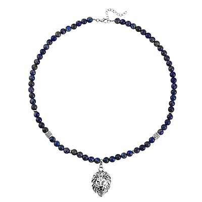 Lapis Lazuli Beaded Men's Necklace 24 Inches with Lion Charm in Stainless Steel 345.00 ctw