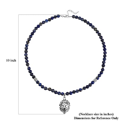 Lapis Lazuli Beaded Men's Necklace 24 Inches with Lion Charm in Stainless Steel 345.00 ctw