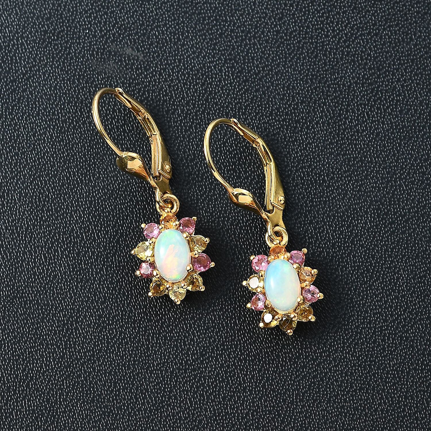 Ethiopian Welo Opal and Multi-Tourmaline Lever Back 1.80 ctw Earrings in Vermeil YG Over Sterling Silver