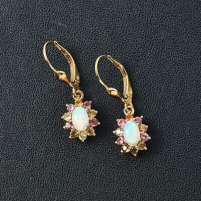 Ethiopian Welo Opal and Multi-Tourmaline Lever Back 1.80 ctw Earrings in Vermeil YG Over Sterling Silver