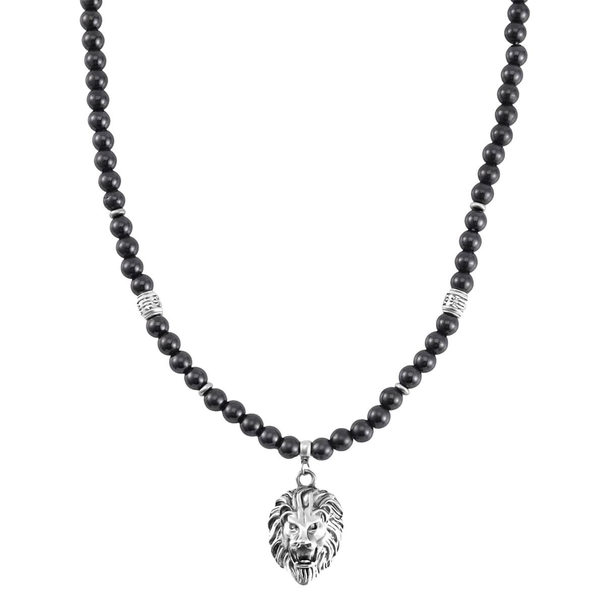 Hematite Beaded Men's Necklace 24 Inches with Lion Charm in Stainless Steel 504.00 ctw image number 0