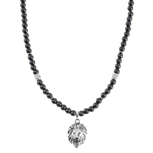 Hematite Beaded Men's Necklace 24 Inches with Lion Charm in Stainless Steel 504.00 ctw