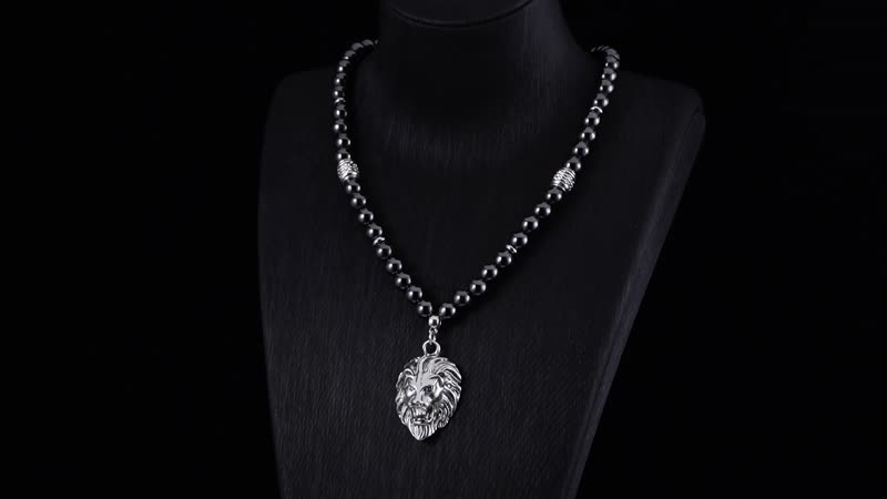 Hematite Beaded Men's Necklace 24 Inches with Lion Charm in Stainless Steel 504.00 ctw