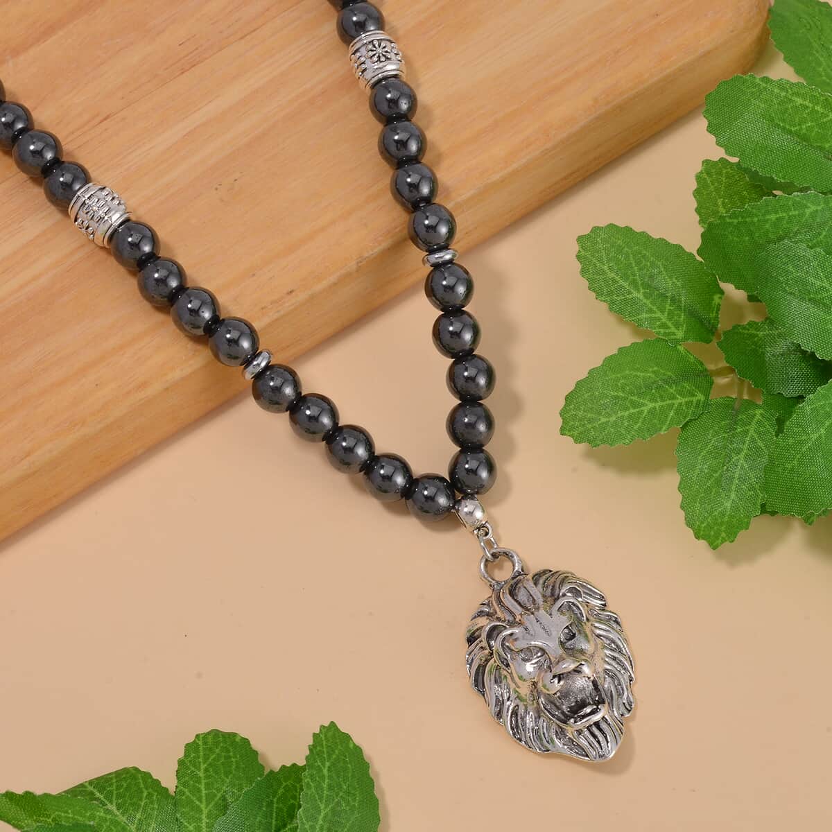 Hematite Beaded Men's Necklace 24 Inches with Lion Charm in Stainless Steel 504.00 ctw image number 1