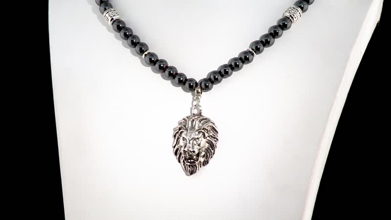 Hematite Beaded Men's Necklace 24 Inches with Lion Charm in Stainless Steel 504.00 ctw