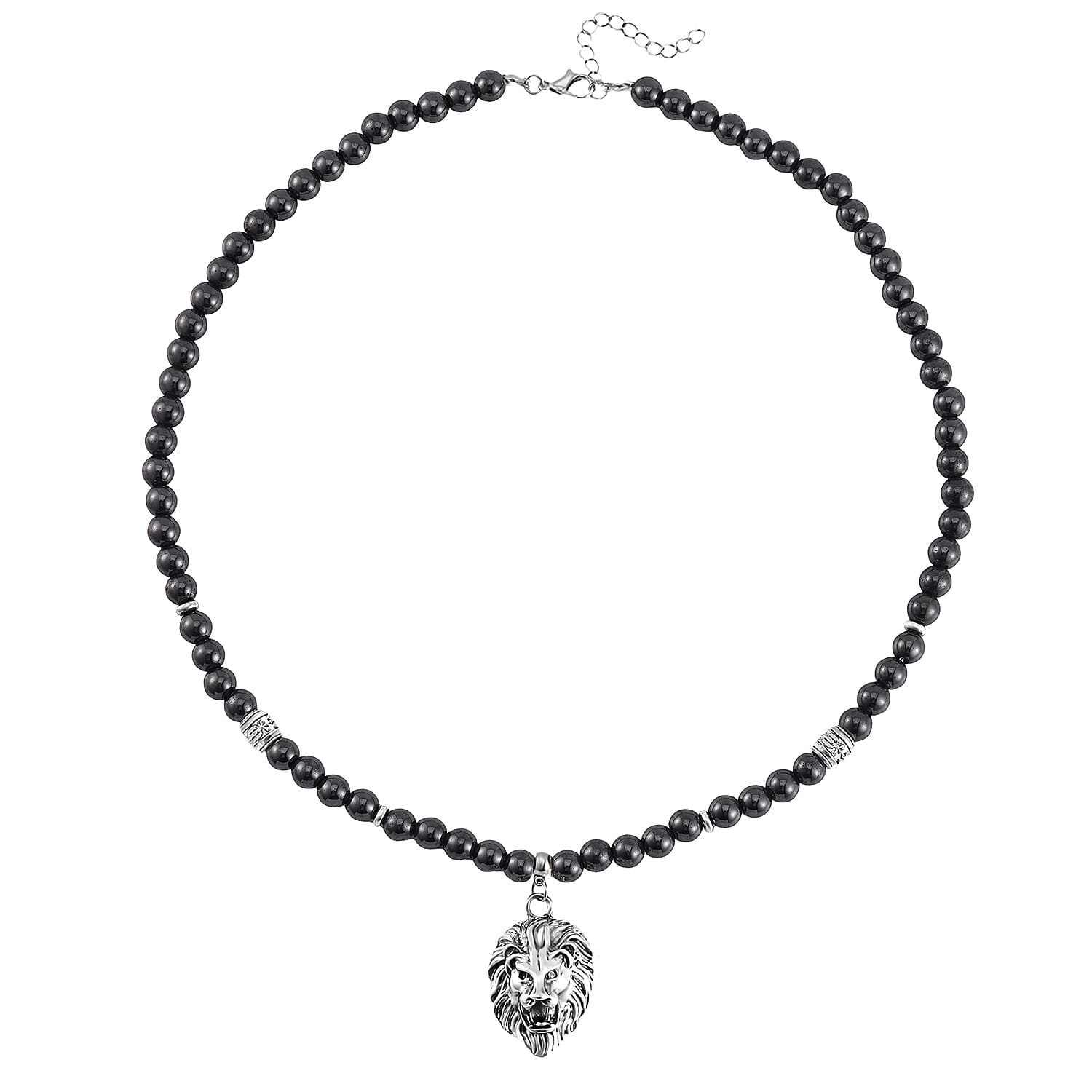 Hematite Beaded Men's Necklace 24 Inches with Lion Charm in Stainless Steel 504.00 ctw