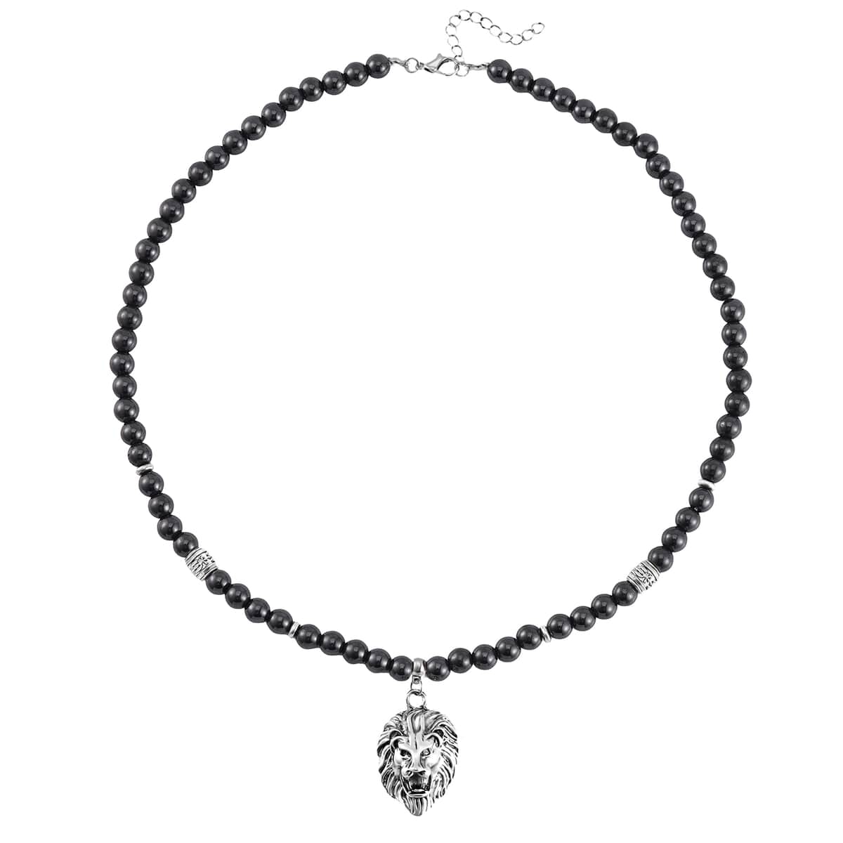 Hematite Beaded Men's Necklace 24 Inches with Lion Charm in Stainless Steel 504.00 ctw image number 2