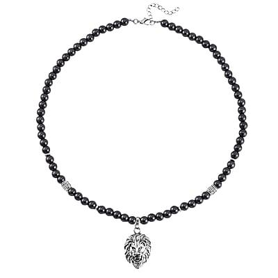 Hematite Beaded Men's Necklace 24 Inches with Lion Charm in Stainless Steel 504.00 ctw