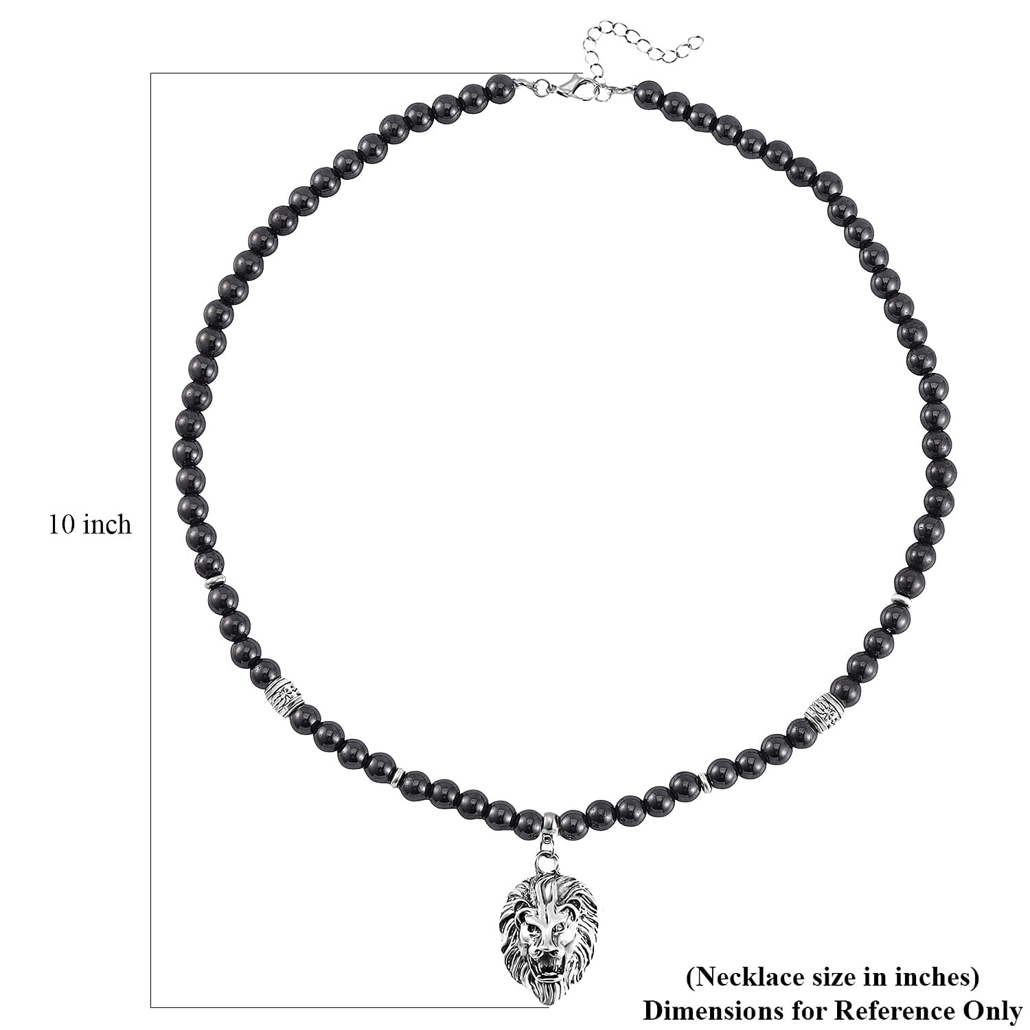 Hematite Beaded Men's Necklace 24 Inches with Lion Charm in Stainless Steel 504.00 ctw
