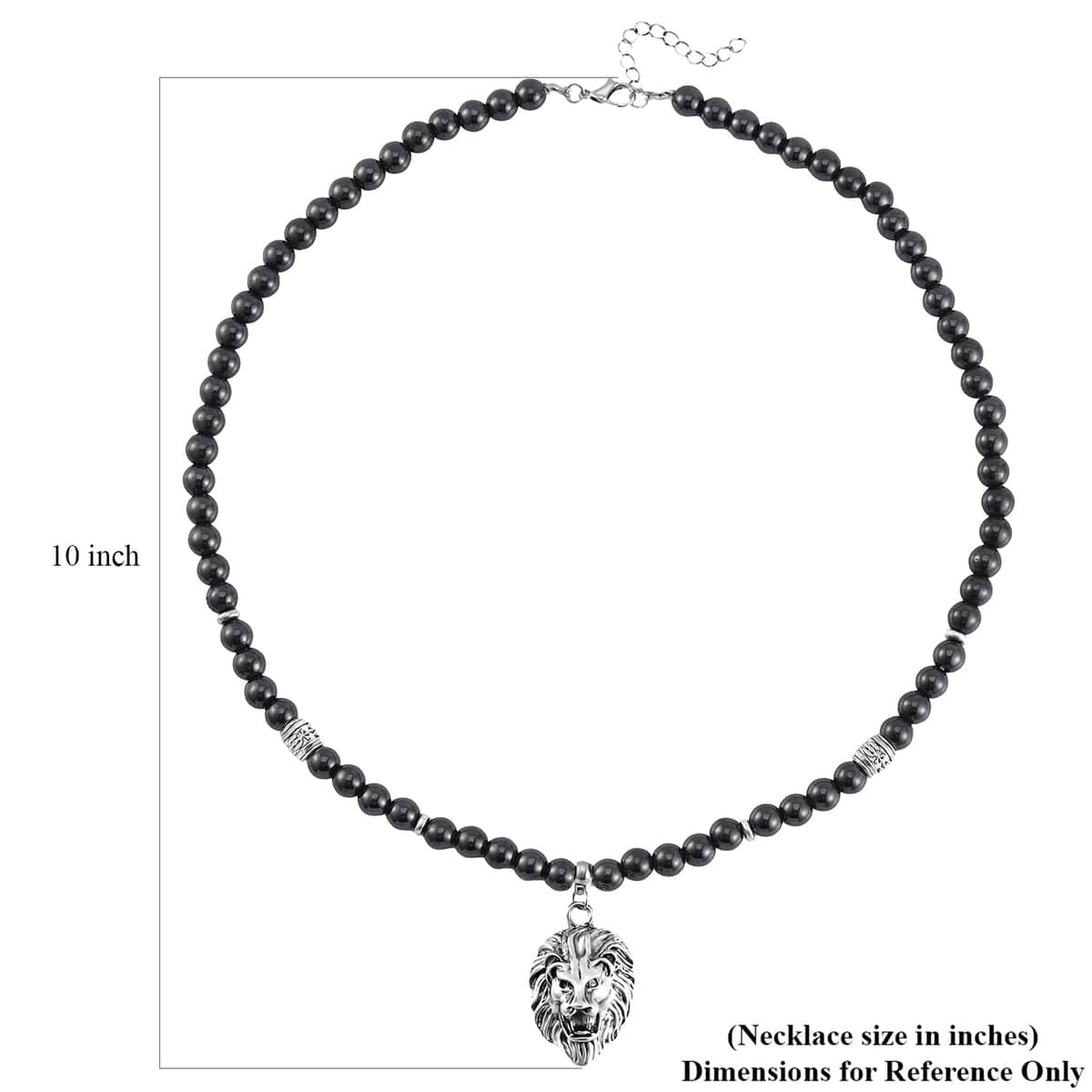 Hematite Beaded Men's Necklace 24 Inches with Lion Charm in Stainless Steel 504.00 ctw image number 4