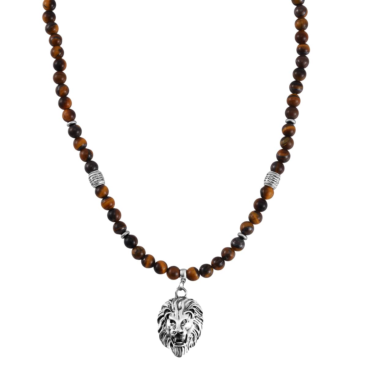 Tigers Eye Beaded Men's Necklace 24 Inches with Lion Charm in Stainless Steel 296.50 ctw image number 0