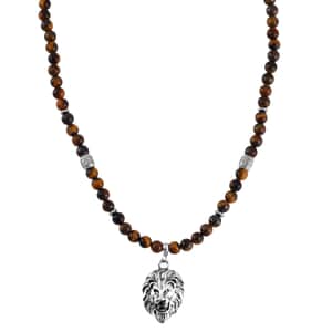 Tigers Eye Beaded Men's Necklace 24 Inches with Lion Charm in Stainless Steel 296.50 ctw