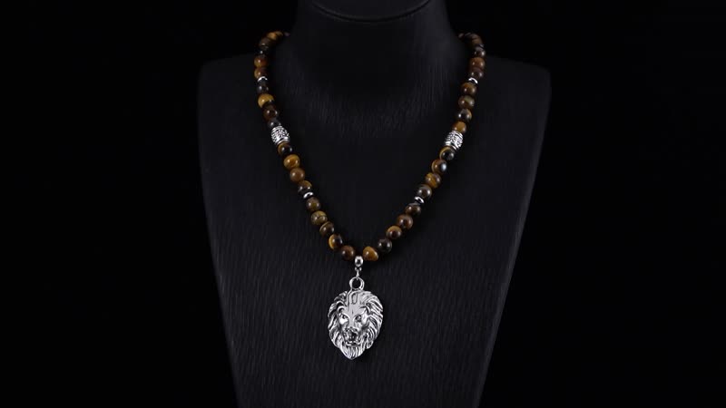 Tigers Eye Beaded Men's Necklace 24 Inches with Lion Charm in Stainless Steel 296.50 ctw
