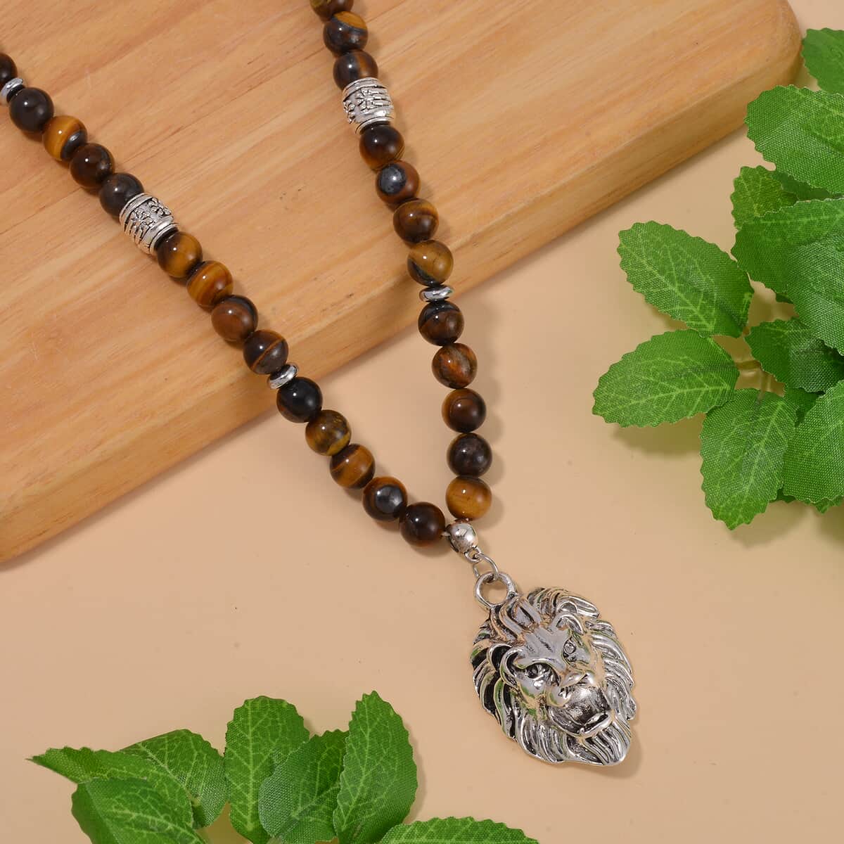 Tigers Eye Beaded Men's Necklace 24 Inches with Lion Charm in Stainless Steel 296.50 ctw image number 1
