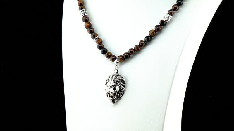 Tigers Eye Beaded Men's Necklace 24 Inches with Lion Charm in Stainless Steel 296.50 ctw