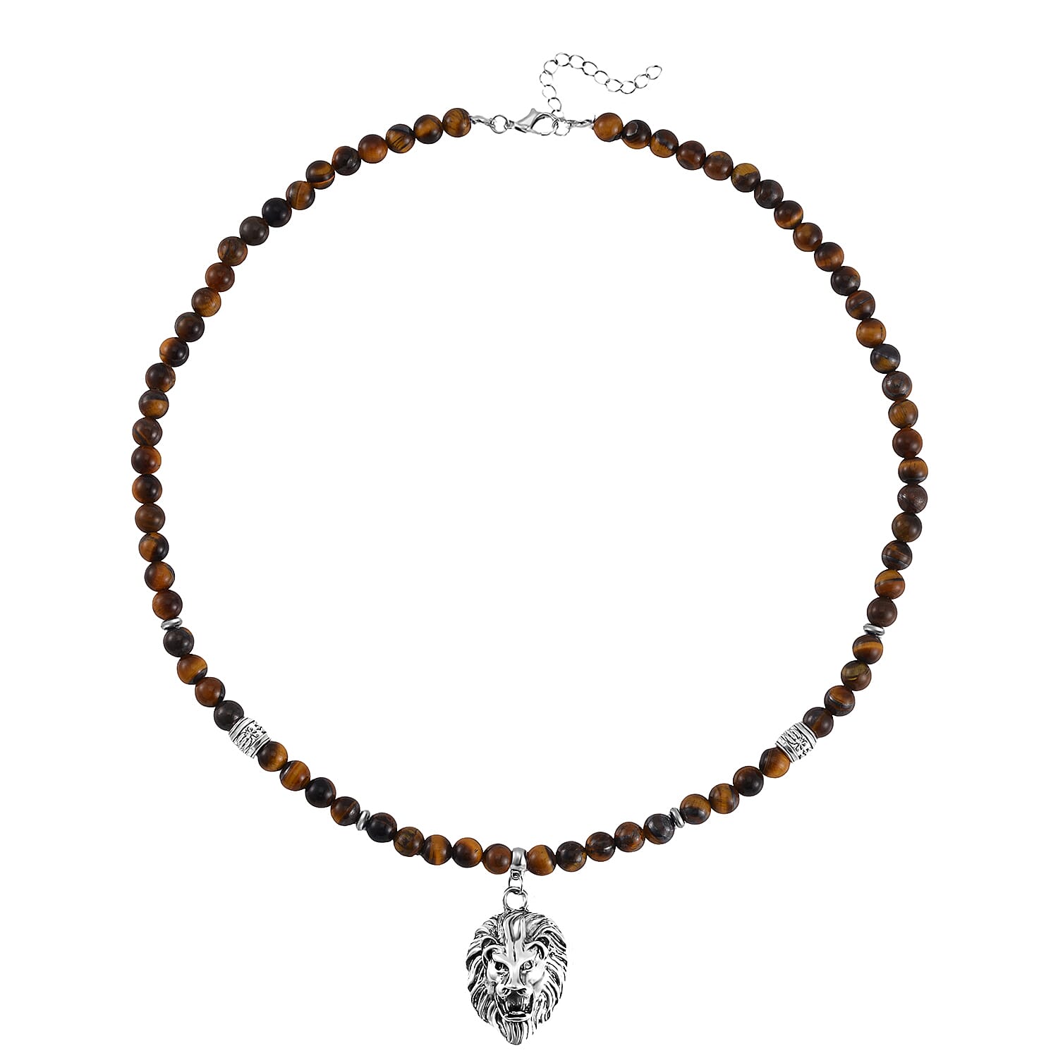 Tigers Eye Beaded Men's Necklace 24 Inches with Lion Charm in Stainless Steel 296.50 ctw