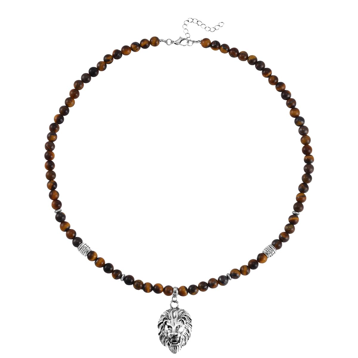 Tigers Eye Beaded Men's Necklace 24 Inches with Lion Charm in Stainless Steel 296.50 ctw image number 2