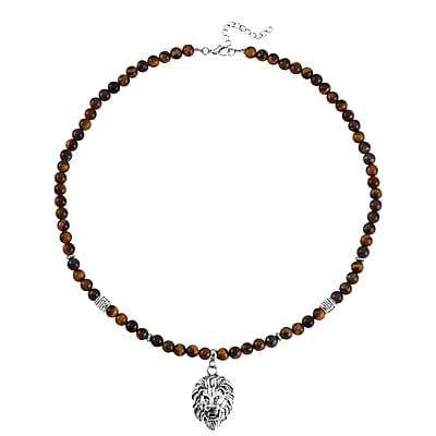 Tigers Eye Beaded Men's Necklace 24 Inches with Lion Charm in Stainless Steel 296.50 ctw
