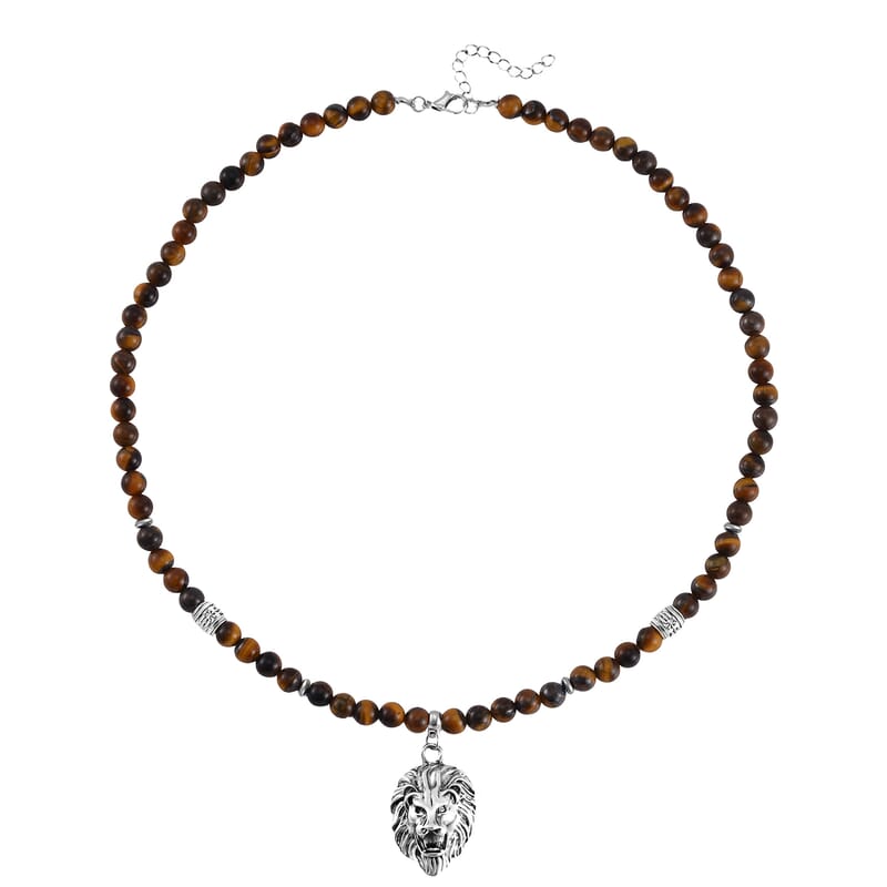 Tigers Eye Beaded Men's Necklace 24 Inches with Lion Charm in Stainless Steel 296.50 ctw
