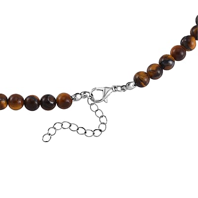Tigers Eye Beaded Men's Necklace 24 Inches with Lion Charm in Stainless Steel 296.50 ctw