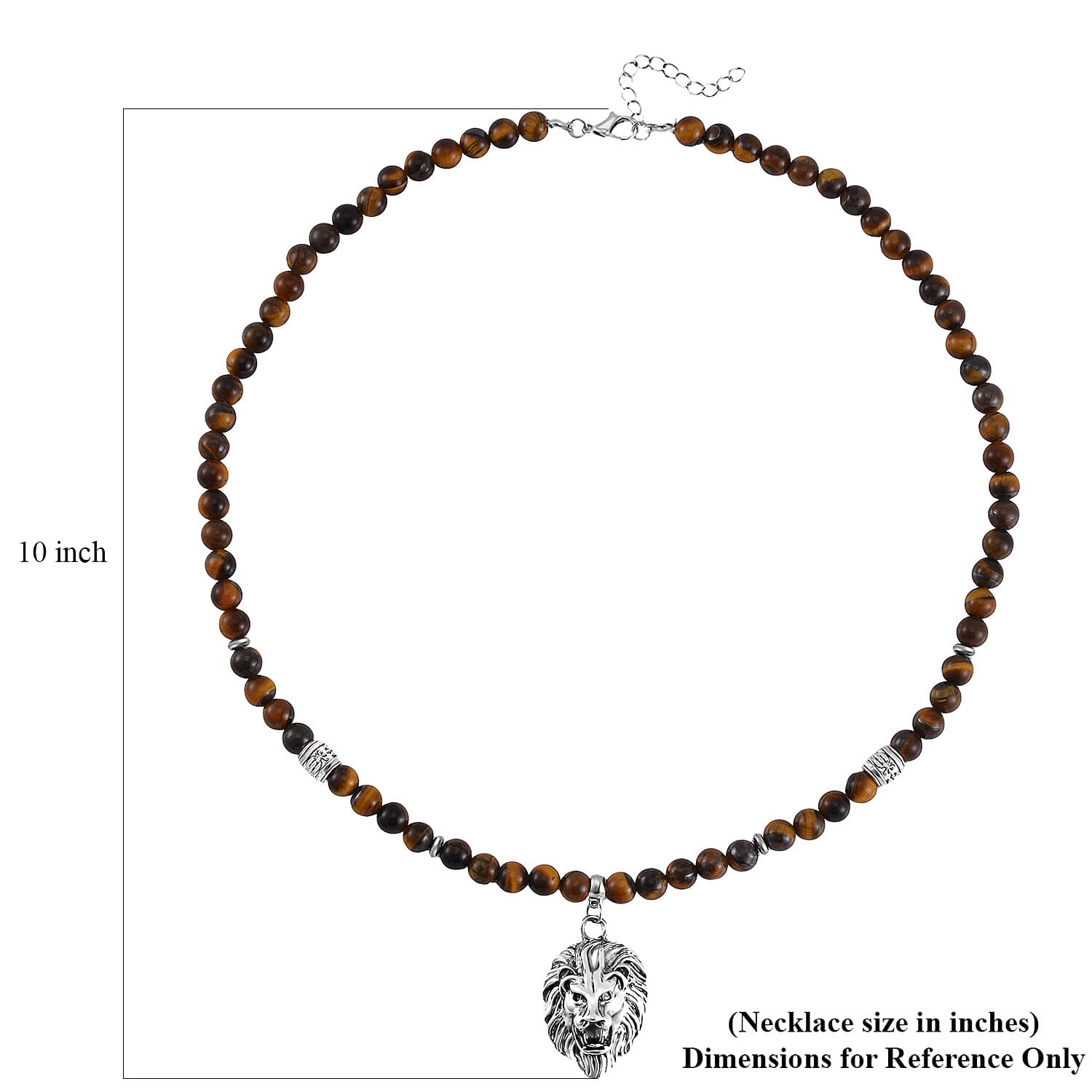 Tigers Eye Beaded Men's Necklace 24 Inches with Lion Charm in Stainless Steel 296.50 ctw