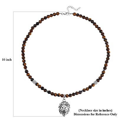 Tigers Eye Beaded Men's Necklace 24 Inches with Lion Charm in Stainless Steel 296.50 ctw