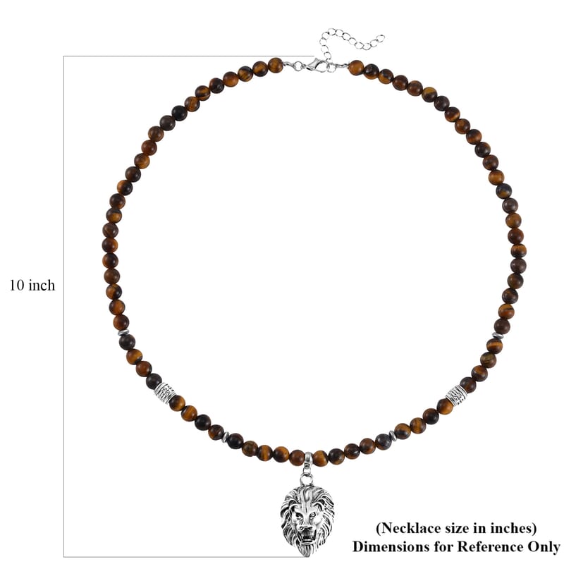 Tigers Eye Beaded Men's Necklace 24 Inches with Lion Charm in Stainless Steel 296.50 ctw