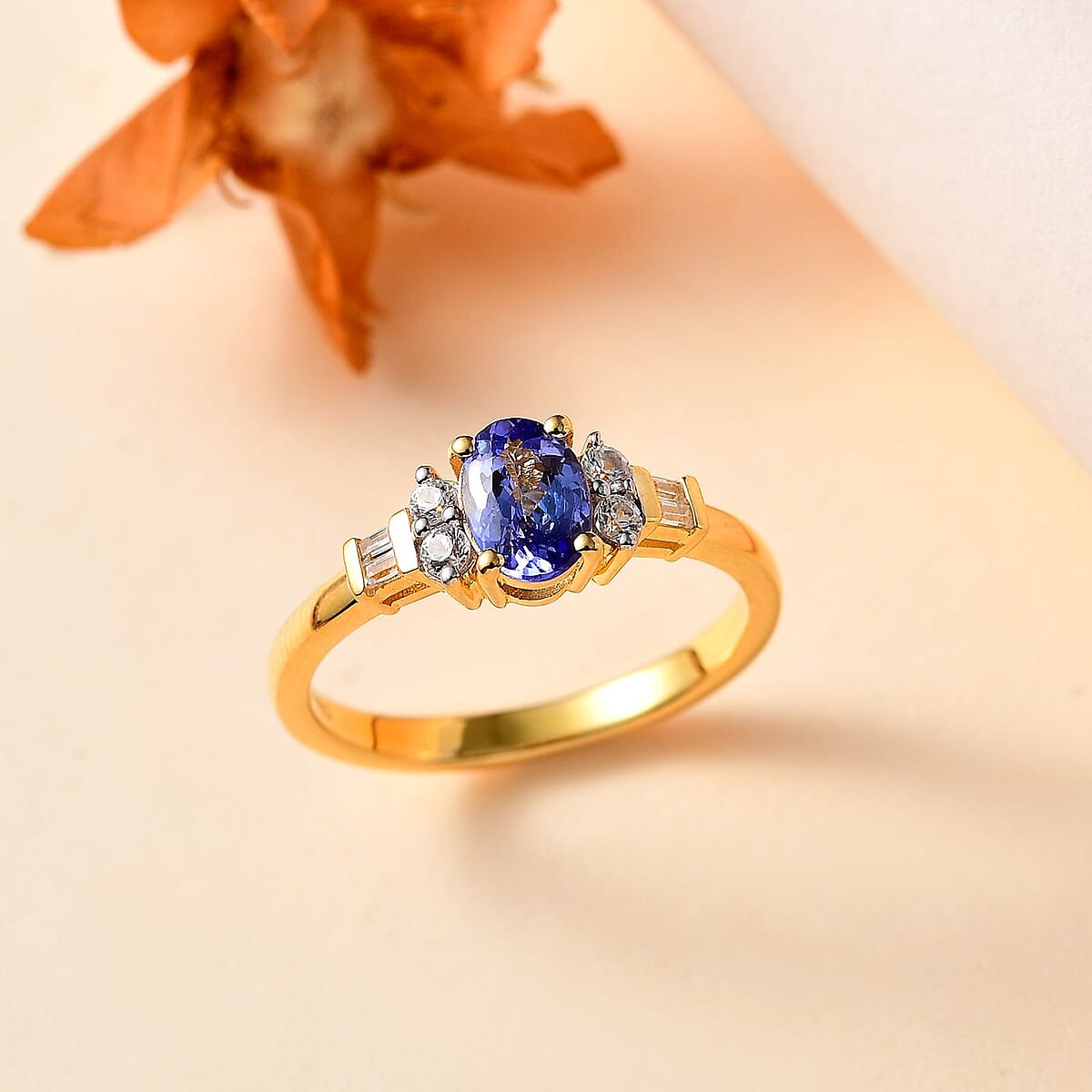Tanzanite and White Zircon Statement Ring in Vermeil Yellow Gold Over Sterling Silver (Size 8.0) 1.15 ctw image number 1