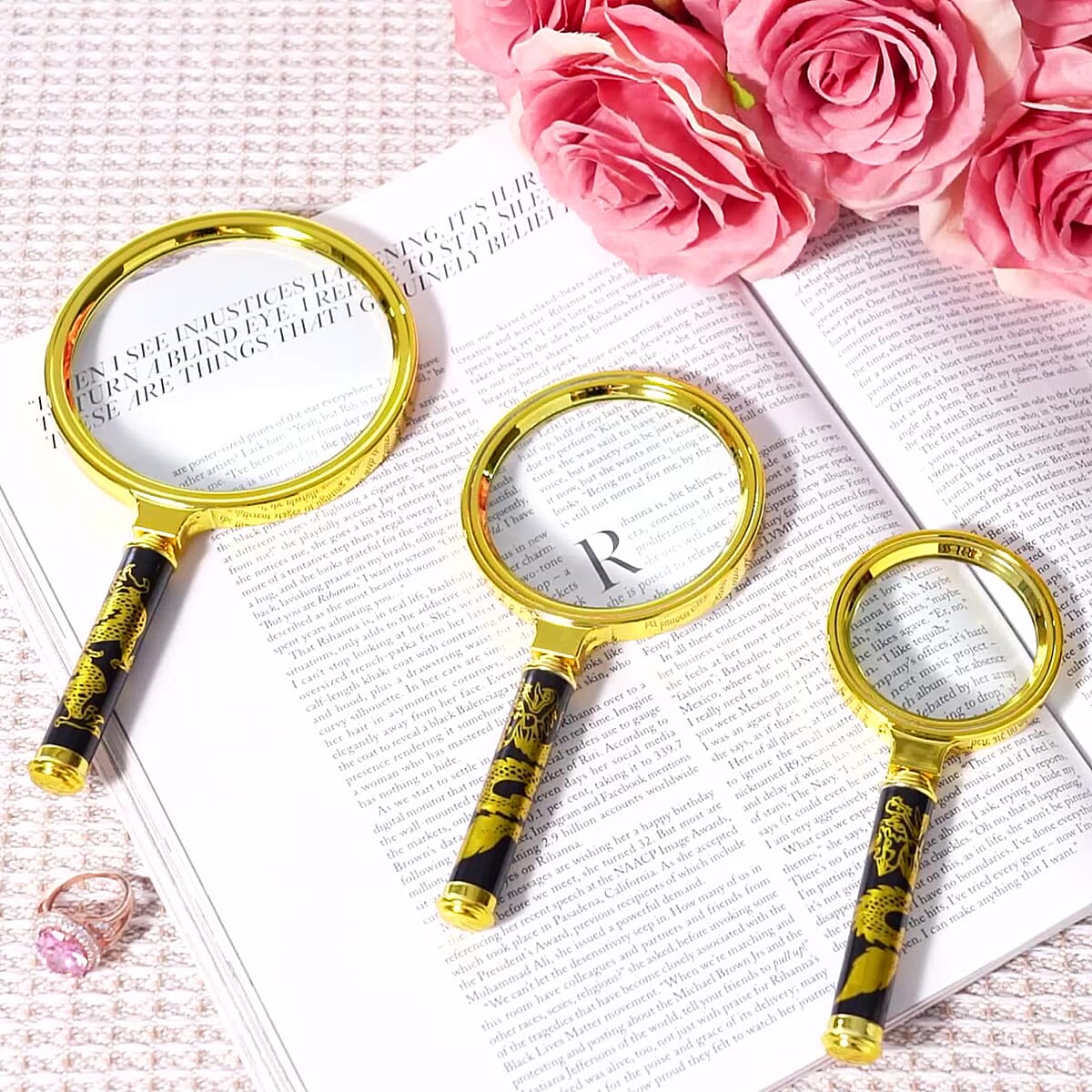3pcs Magnifiers Glasses with Dragan Pattern Dandle - 60*140mm 5X, 80*160mm 3X and 100*180mm 2X image number 1