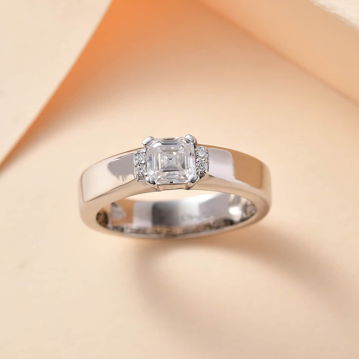 Moissanite (Oct 5x5mm) Ring in Platinum Over Sterling Silver (Size 7.0) 0.75 ctw image number 1