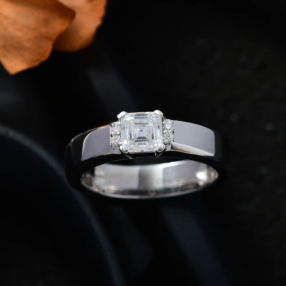 Moissanite (Oct 5x5mm) Ring in Platinum Over Sterling Silver (Size 7.0) 0.75 ctw image number 2