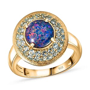Boulder Opal Triplet and Blue Apatite 2.08 ctw Ring in Vermeil Yellow Gold Over Sterling Silver (Size 6.5)