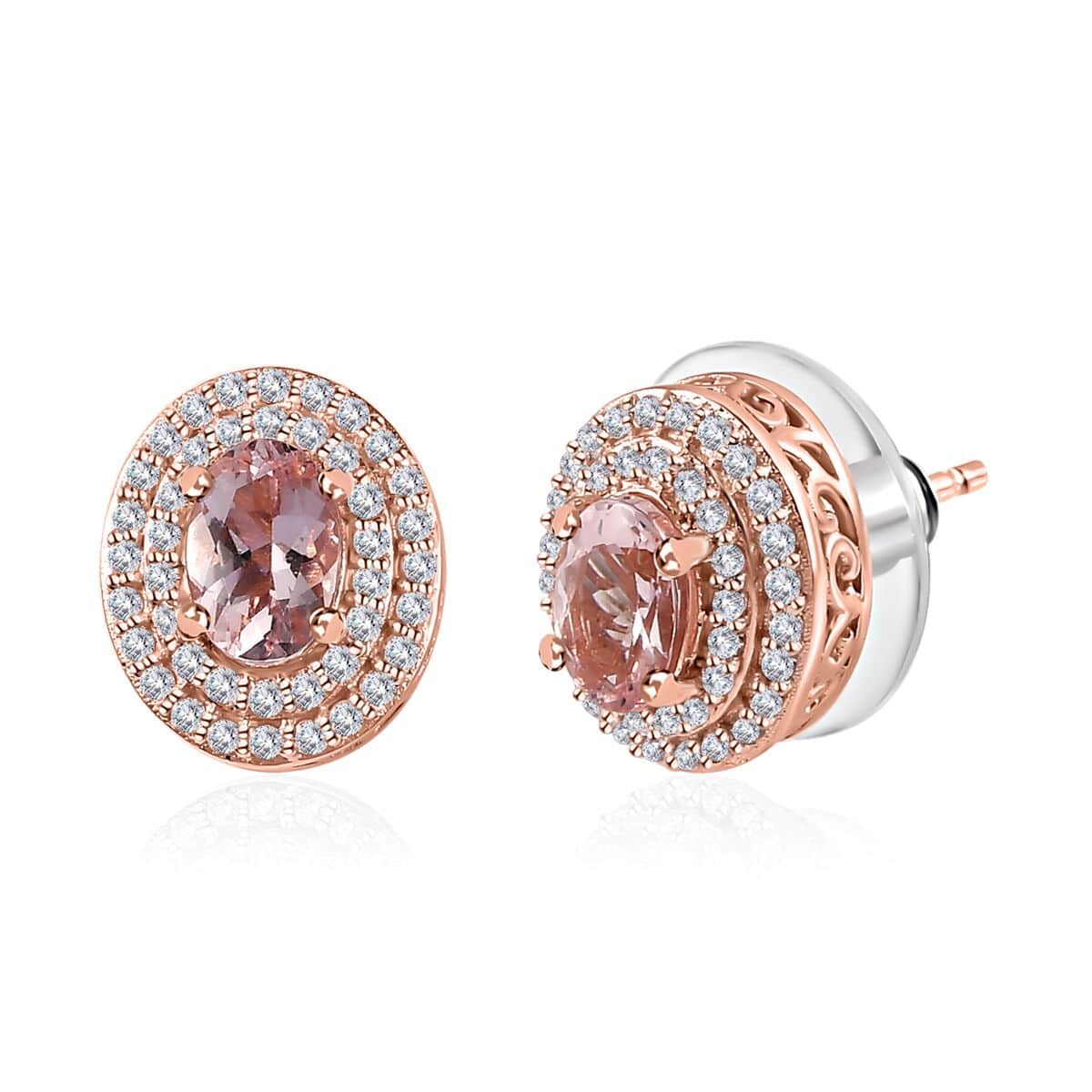Premium Pink Morganite and White Zircon Stud Earrings in Vermeil Rose Gold Over Sterling Silver 1.75 ctw image number 0