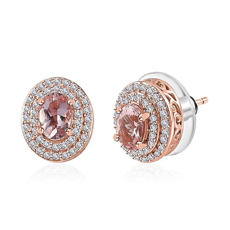 Premium Pink Morganite and White Zircon Stud Earrings in Vermeil Rose Gold Over Sterling Silver 1.75 ctw