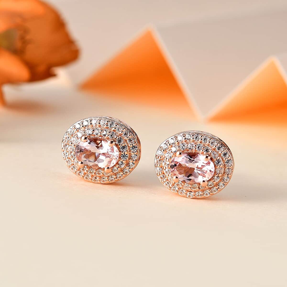Premium Pink Morganite and White Zircon Stud Earrings in Vermeil Rose Gold Over Sterling Silver 1.75 ctw image number 1