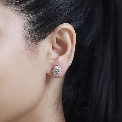 Premium Pink Morganite and White Zircon Stud Earrings in Vermeil Rose Gold Over Sterling Silver 1.75 ctw