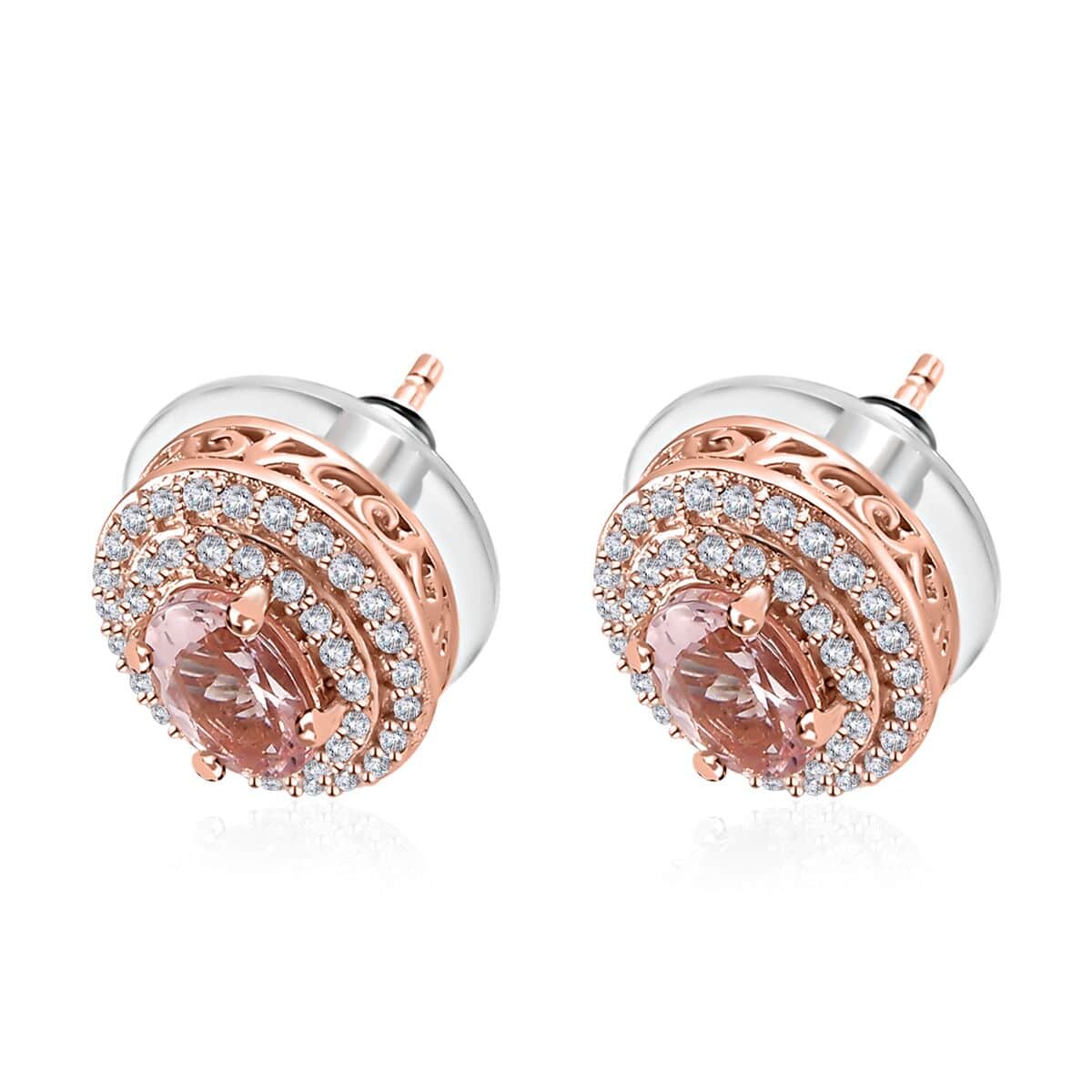 Premium Pink Morganite and White Zircon Stud Earrings in Vermeil Rose Gold Over Sterling Silver 1.75 ctw image number 3