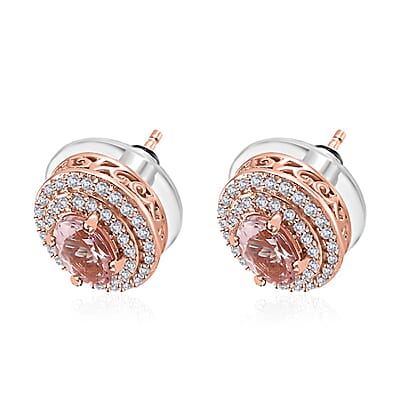 Premium Pink Morganite and White Zircon Stud Earrings in Vermeil Rose Gold Over Sterling Silver 1.75 ctw