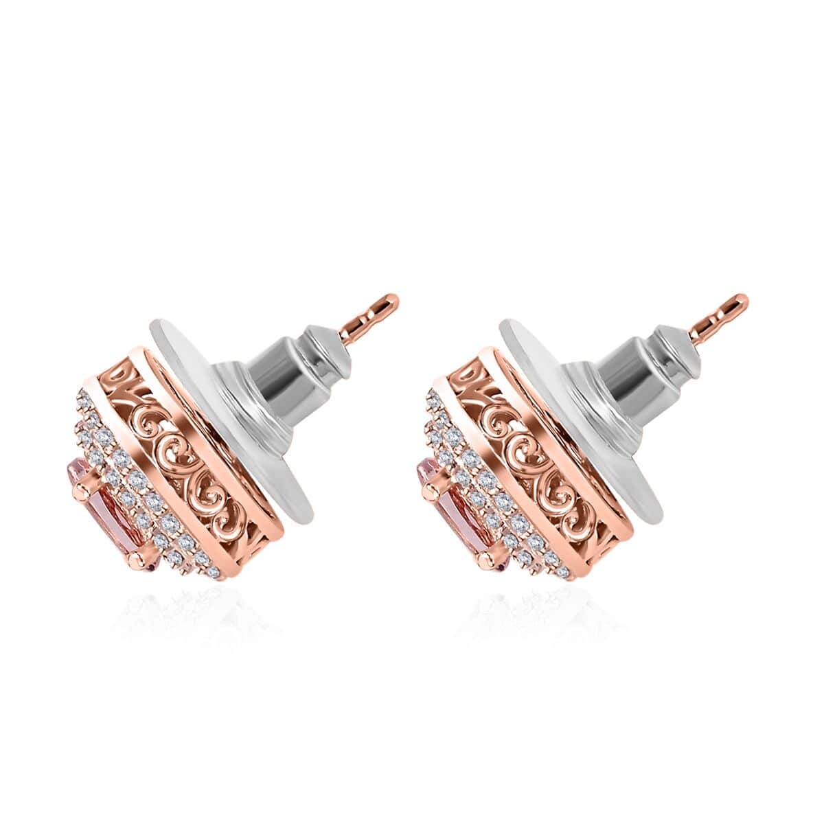 Premium Pink Morganite and White Zircon Stud Earrings in Vermeil Rose Gold Over Sterling Silver 1.75 ctw image number 4