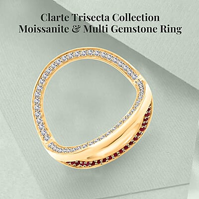 Clarte Trisect Collection Moissanite and Multi Gemstone Ring in Vermeil Yellow Gold Over Sterling Silver (Size 10.0) 1.50 ctw